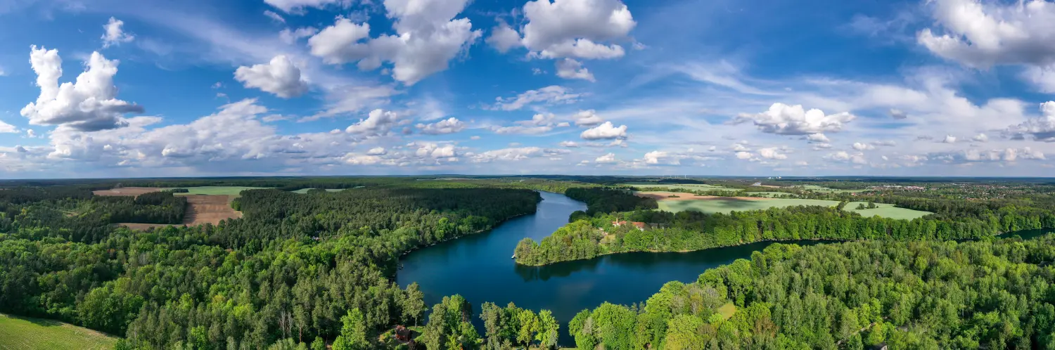 Drohnenblick, Luftbildaufnahme von See und Wald